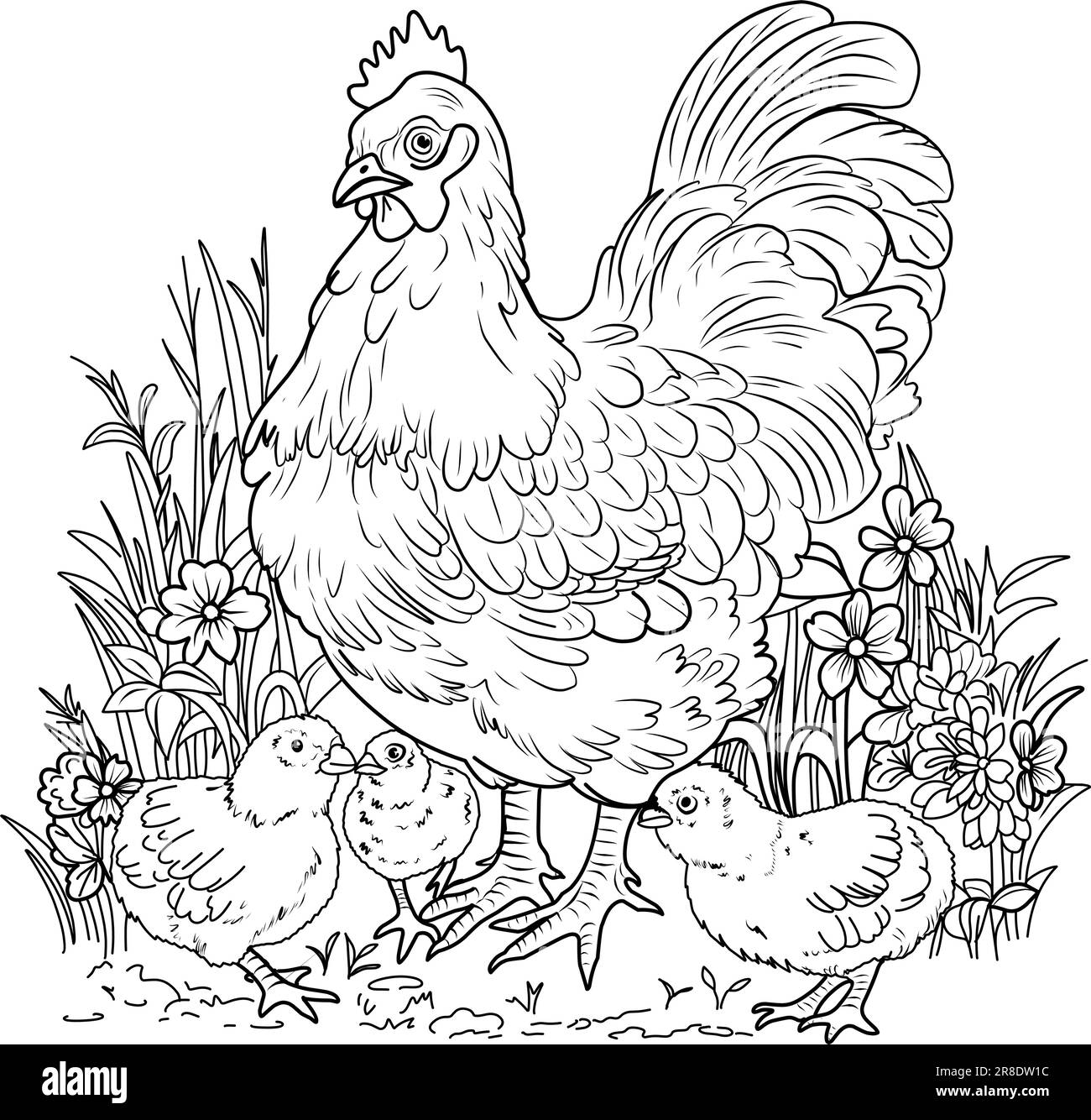 Bird Farm Coloring Page Hens And Chicks Linear Illustration For Coloring Stock Vector Image Art Alamy