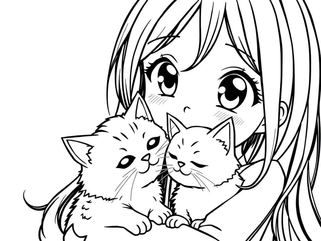 Cat Coloring Page A Delightful Girl And Her Feline Friends Free Printable Coloring Page