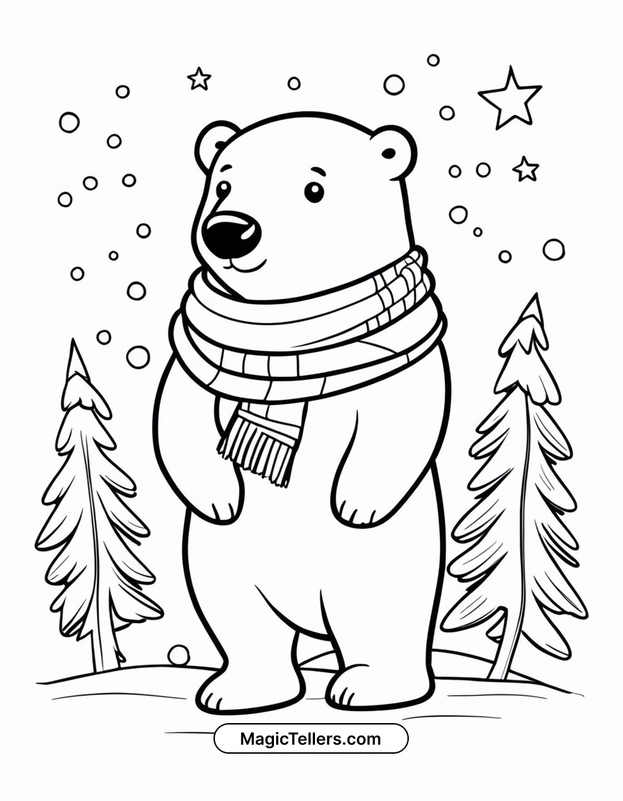 Christmas Polar Bear With A Scarf Coloring Page