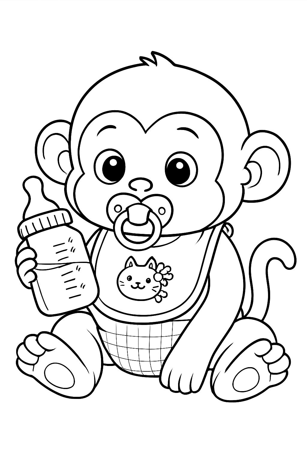 Cute Cartoon Monkey With Baby Bottle Coloring Book Page Playground
