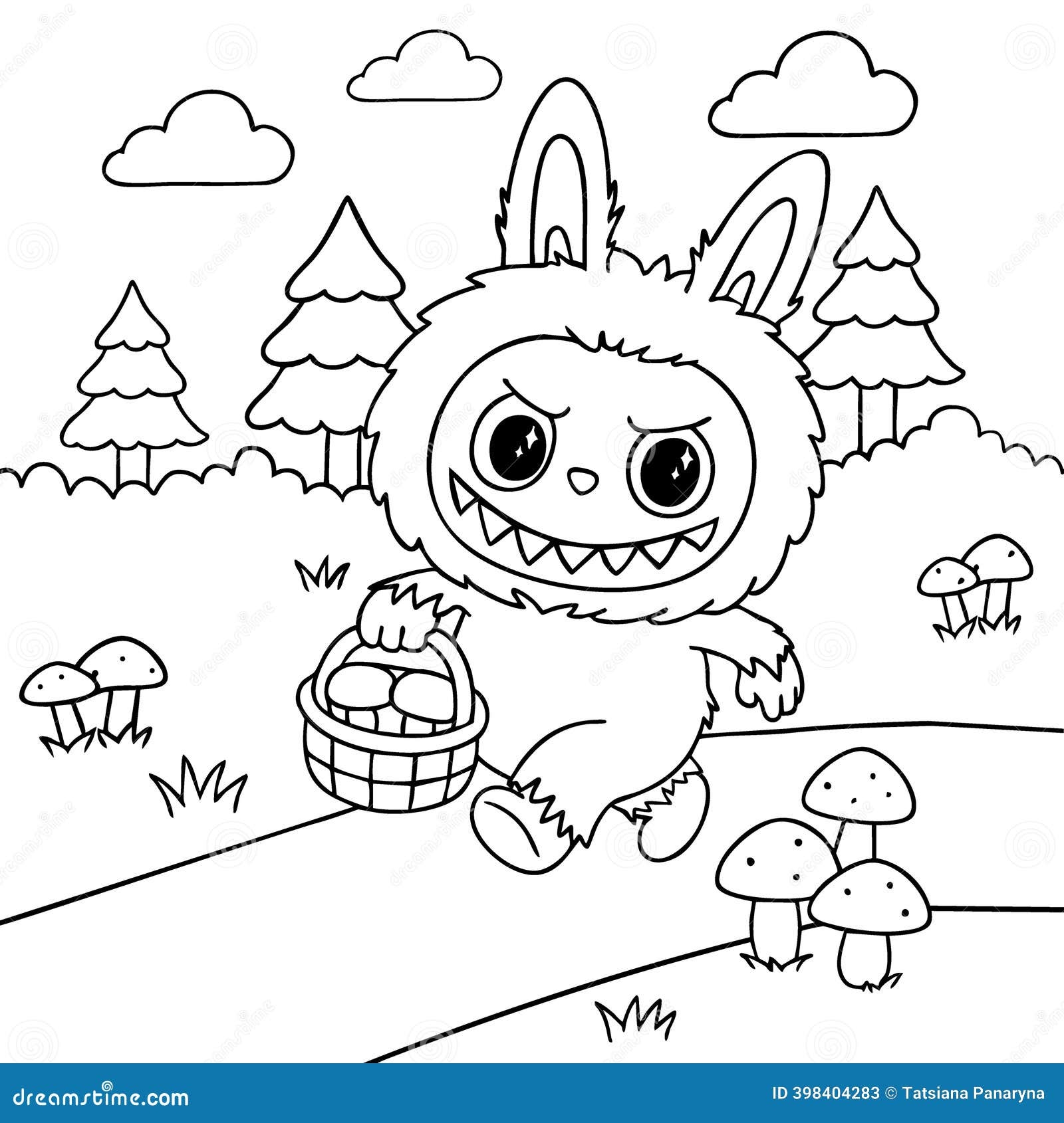 Cute Labubu Character With Mushroom Basket In Pine Forest Kids Coloring Page Stock Vector Illustration Of Kids Cute 398404283