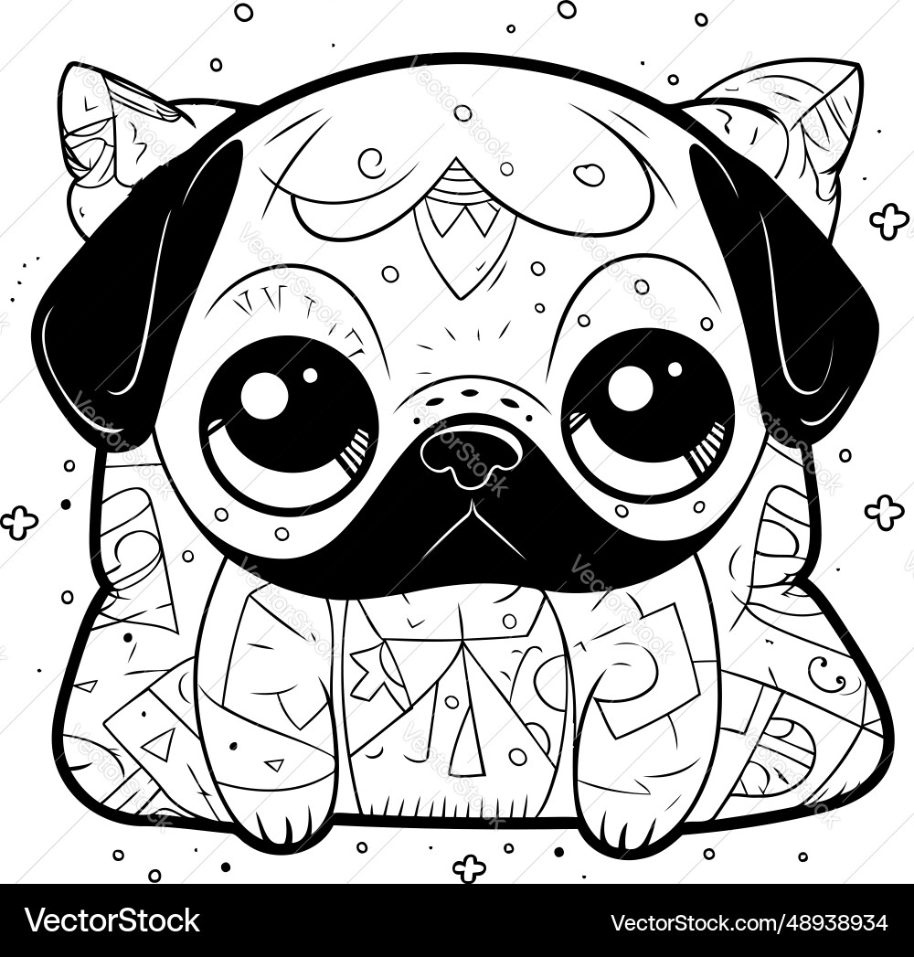 Cute Pug Dog Coloring Page For Adults Royalty Free Vector VectorStock