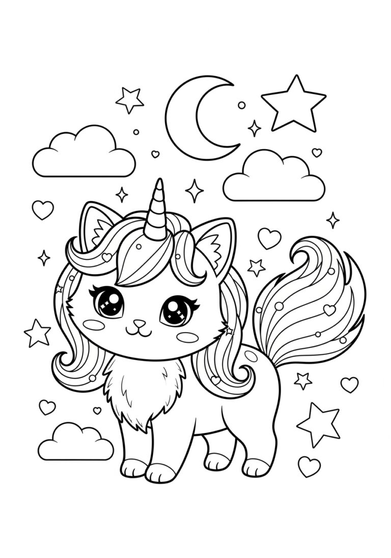 Cute Unicorn Cat Coloring Page To Print And Color 