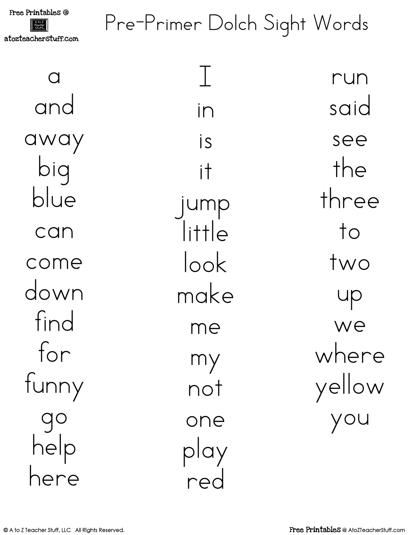 Preschool Sight Words List