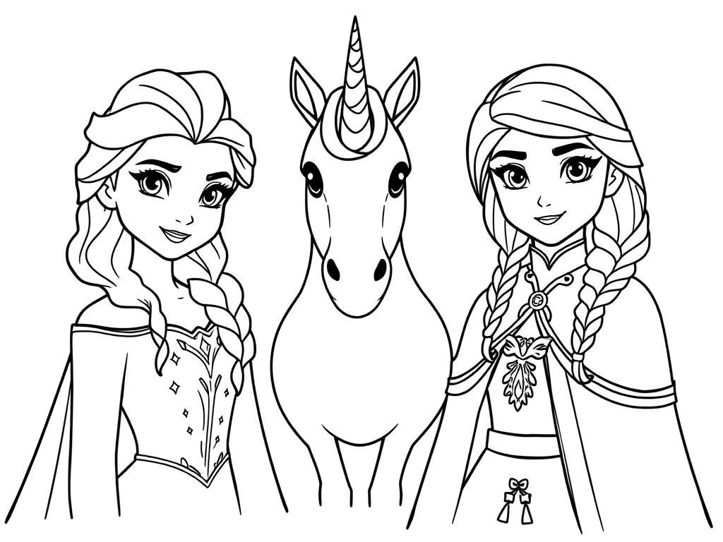 Elsa And Anna With Unicorn Coloring Page Free Printable Coloring Page