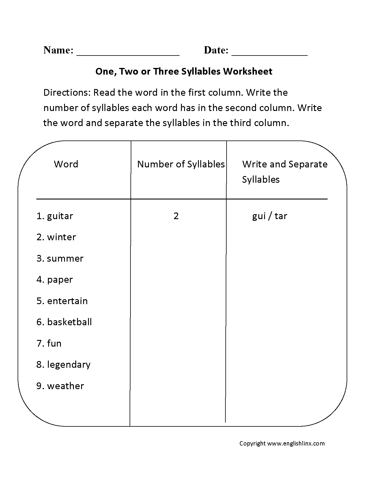 4th Grade Syllable Worksheets Pdf