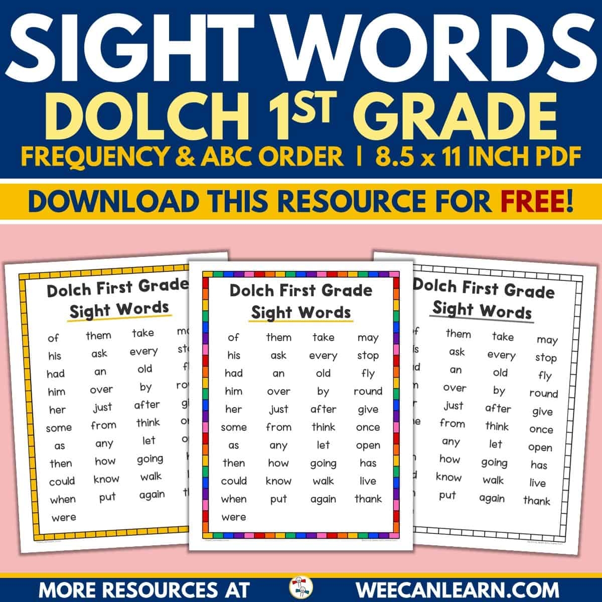 First Grade Dolch Sight Word List Alphabetical Frequency FREE Download 