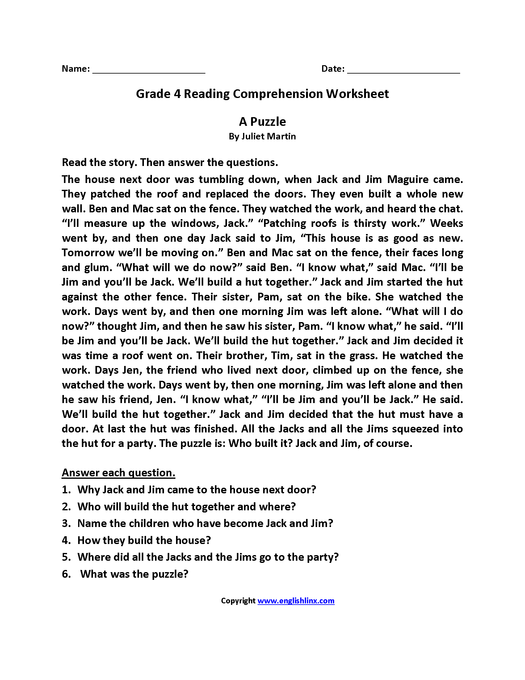 4th Grade Ela Reading Comprehension Worksheets
