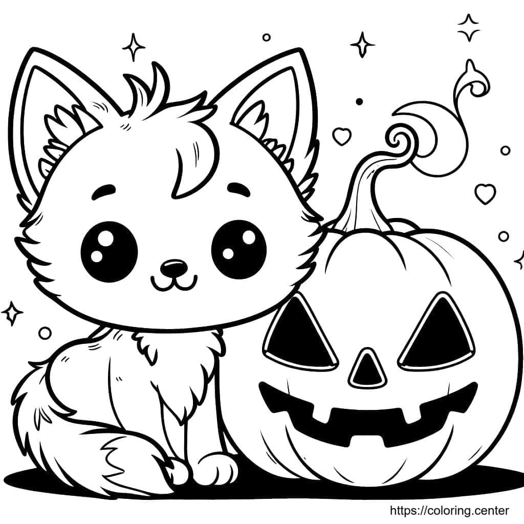 Free Kitten With Halloween Pumpkin Coloring Page PDF