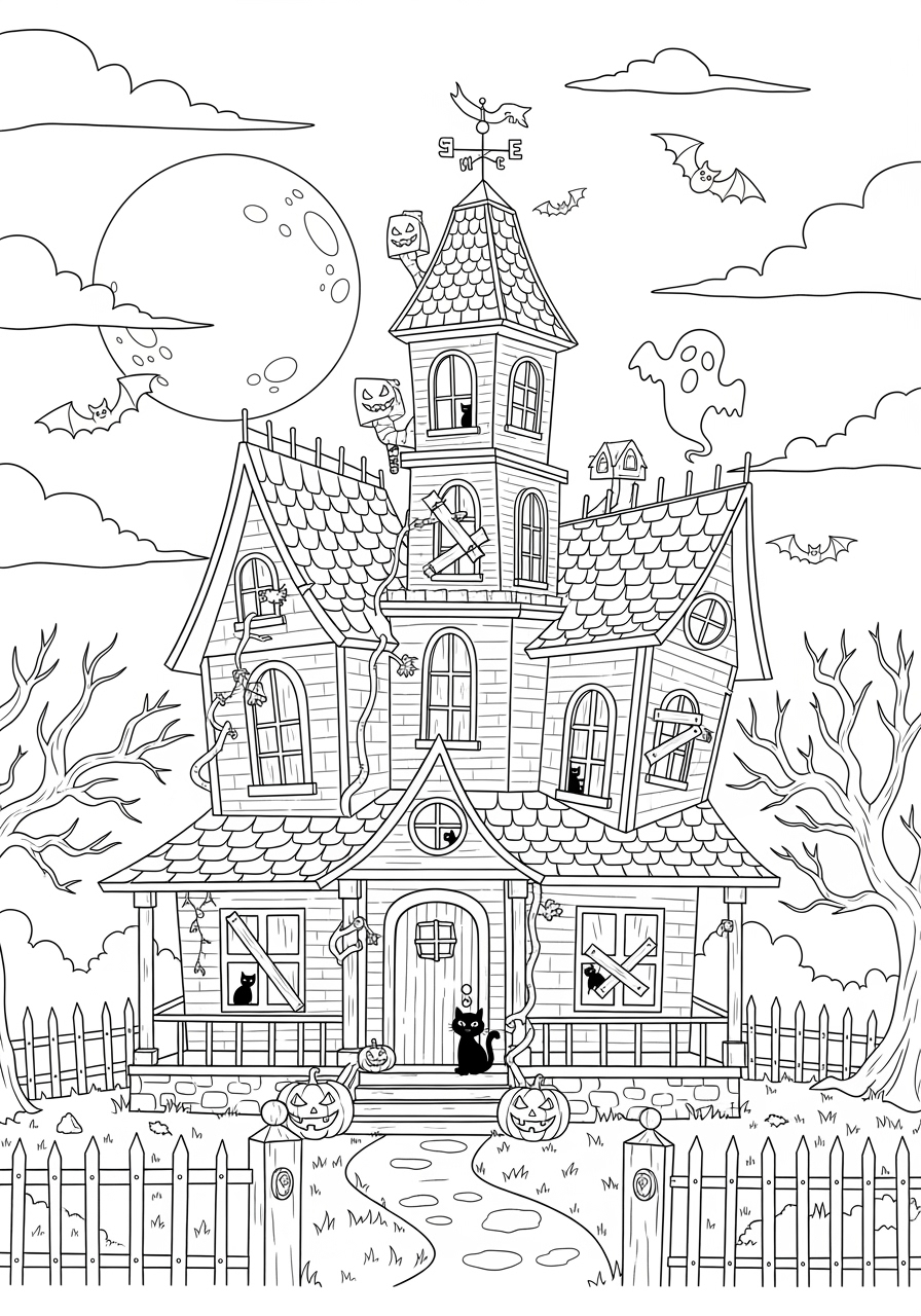 Free Printable Haunted House Coloring Page For Halloween