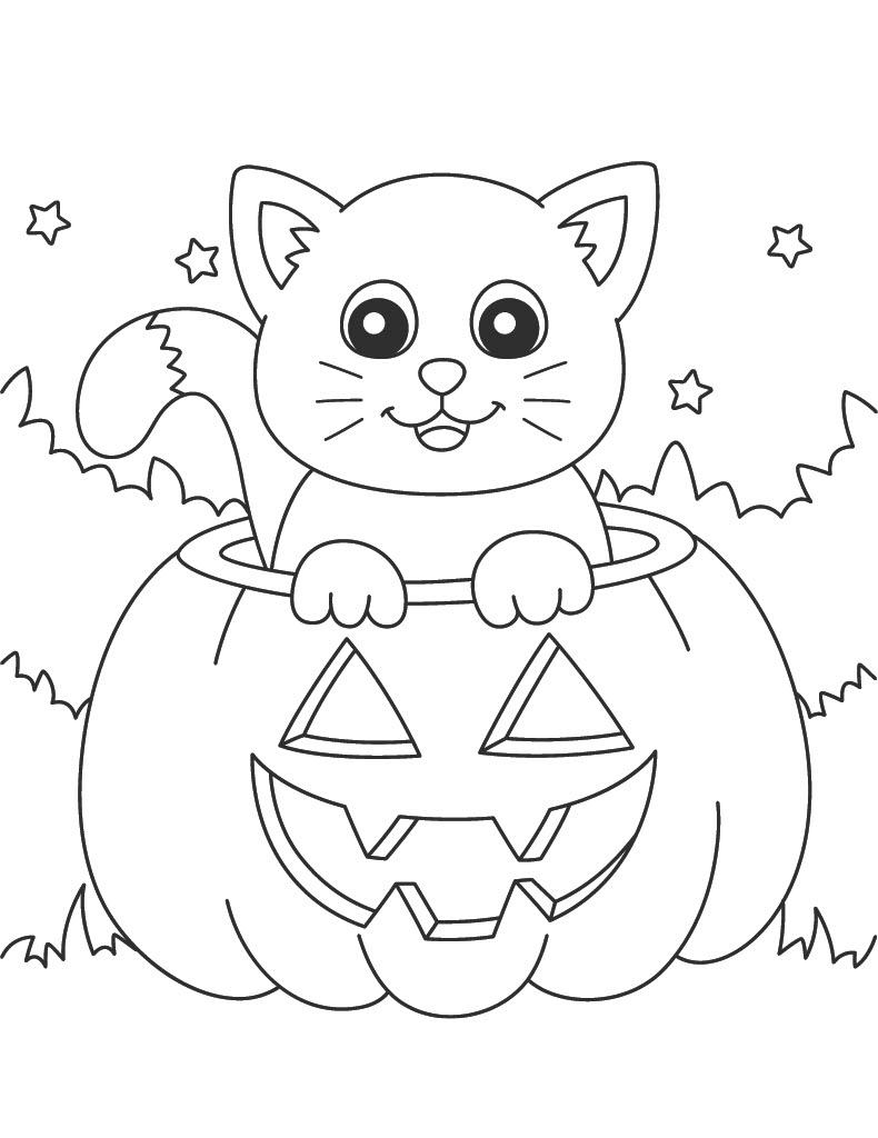 Halloween Easy Coloring Page Cat In A Laughing Pumpkin Etsy