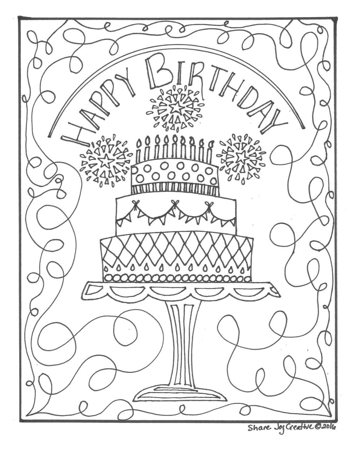 Happy Birthday Cake Coloring Page Printable Coloring Page Downloadable PDF Gift Coloring Page Etsy