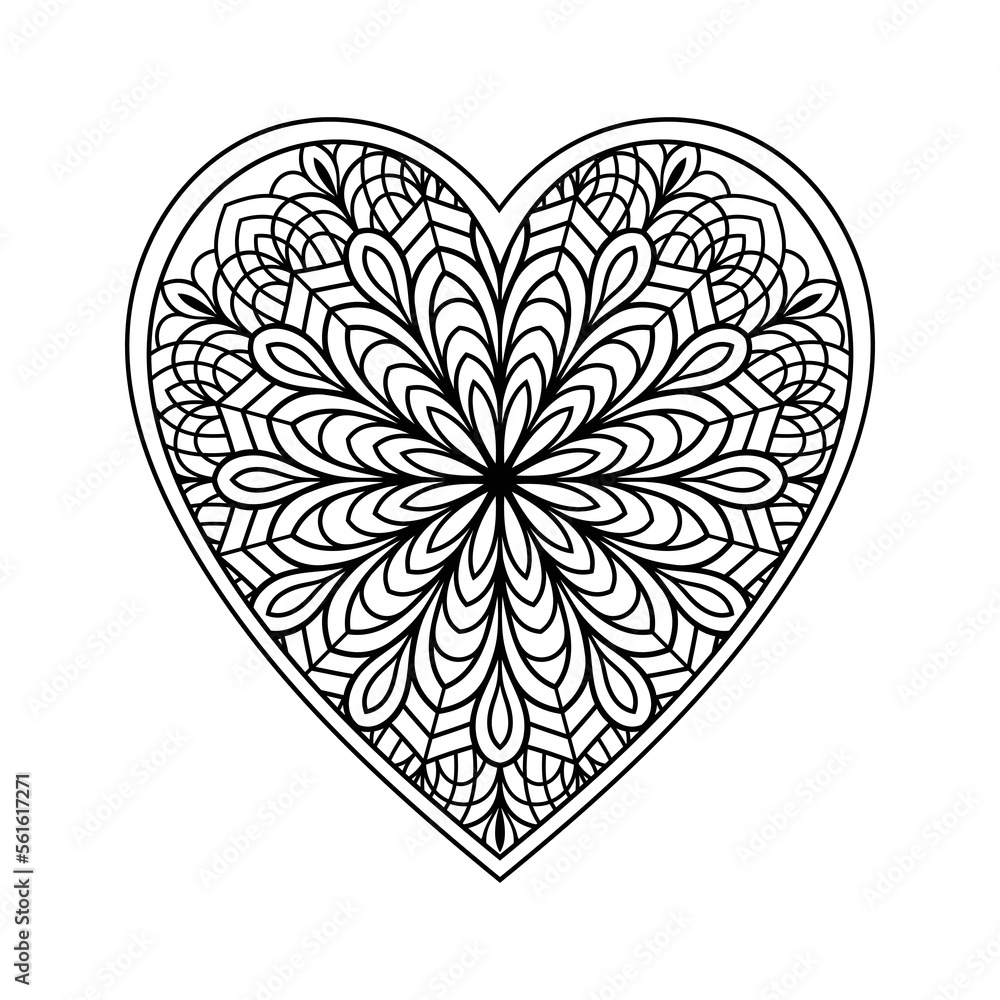 Heart Mandala Coloring Page For Adult Heart With Floral Mandala Pattern Art Heart Shaped Mandala Floral Pattern For Coloring Page Hand Drawn Heart Floral Mandala Doodle For Coloring Book Stock Vector 