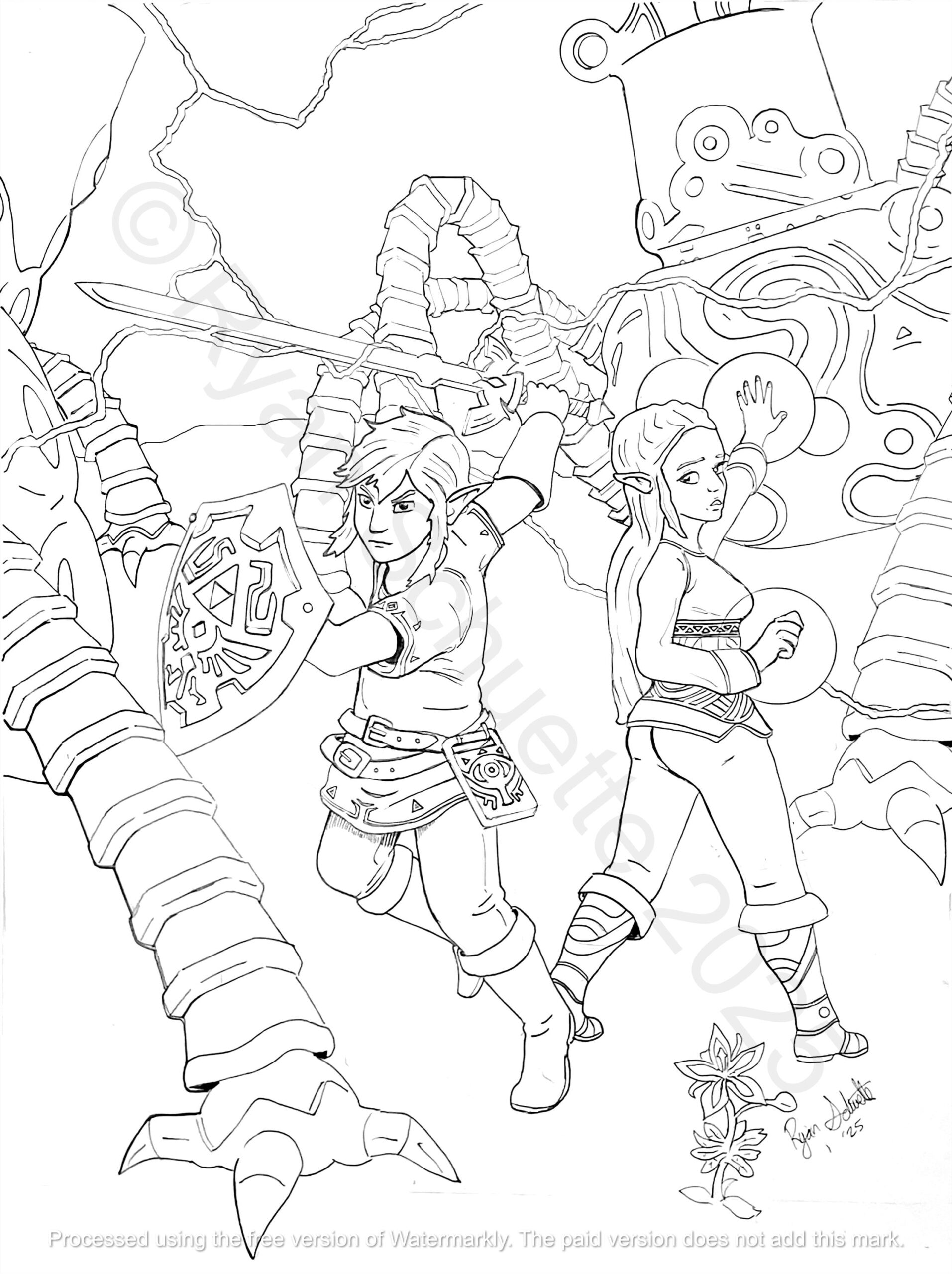 Link And Zelda Breath Of The Wild BOTW Coloring Black And White Pen And Ink Gaming Digital Download Kids And Adults Etsy