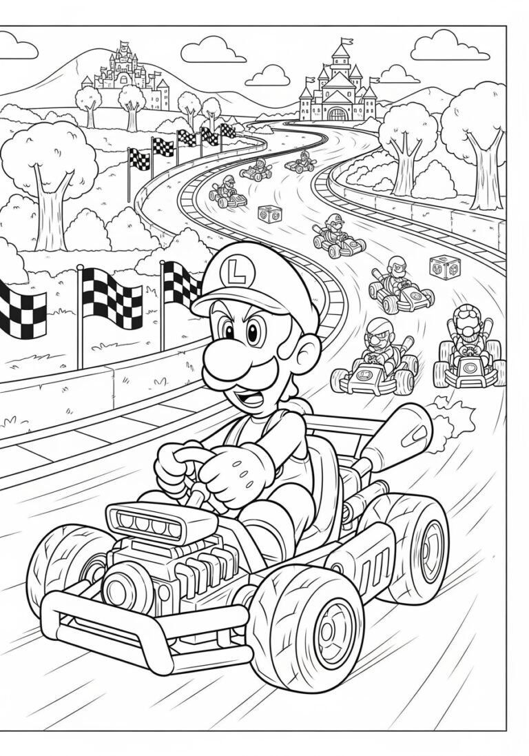 Luigi Mario Kart Coloring Page For Kids