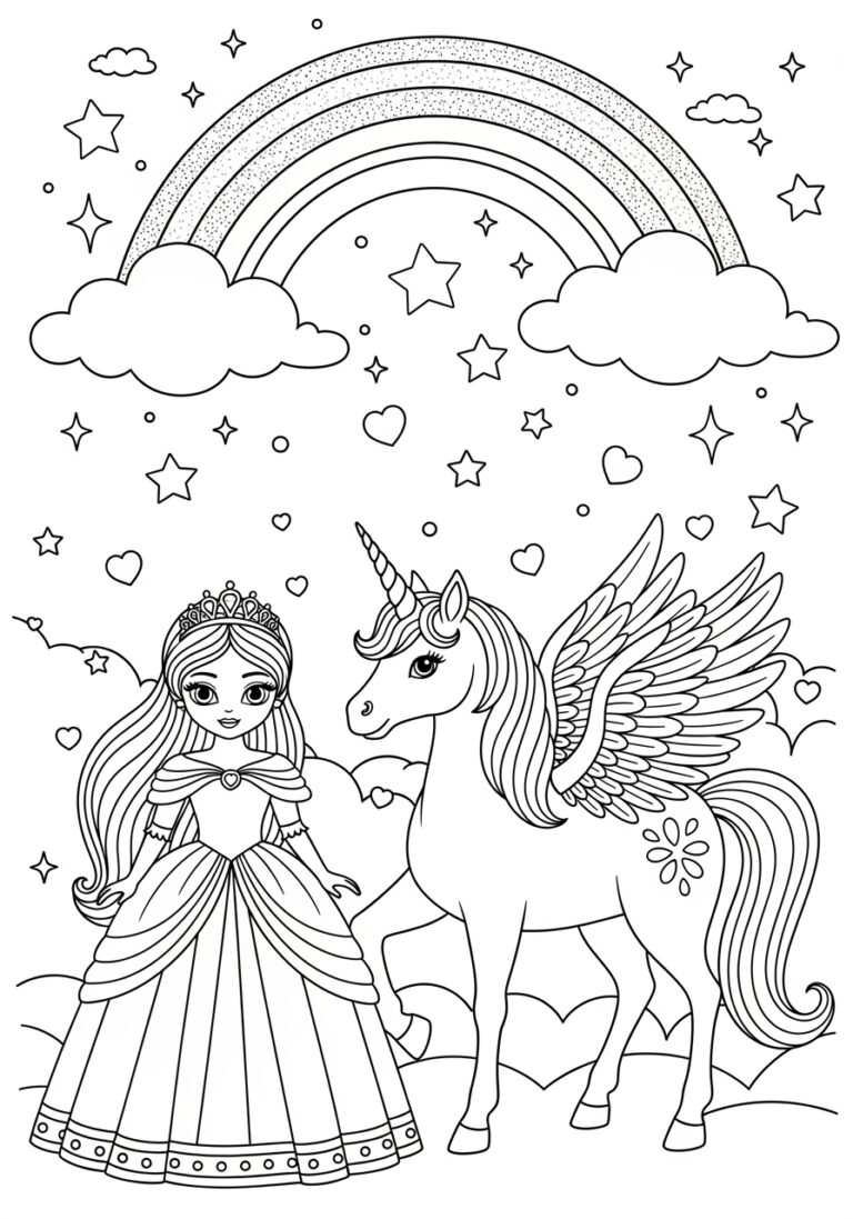 Magical Rainbow Princess Unicorn Coloring Page Download