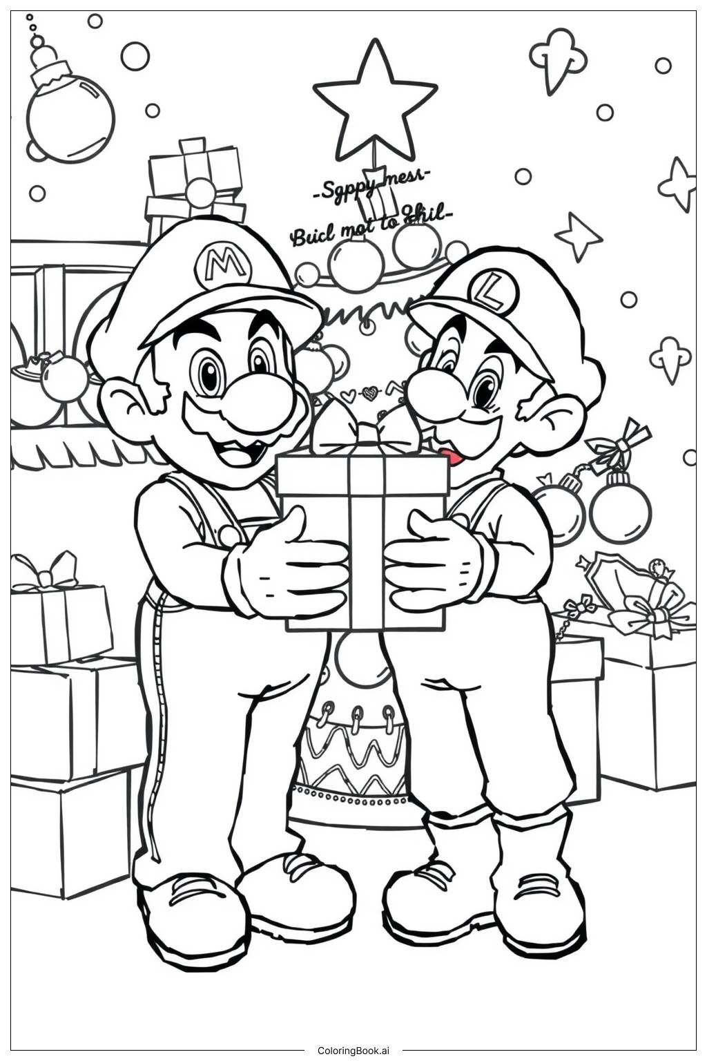 Mario And Luigi Celebrating Christmas Coloring Page Free PDF PNG Printable 