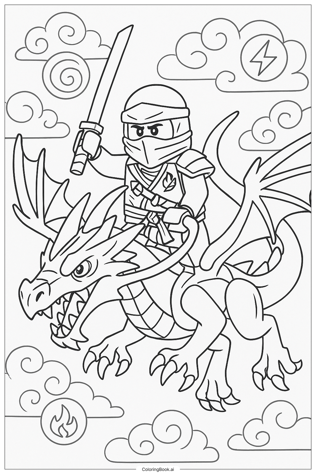 Ninjago Zane With His Elemental Dragon Coloring Page Free PDF PNG Printable 