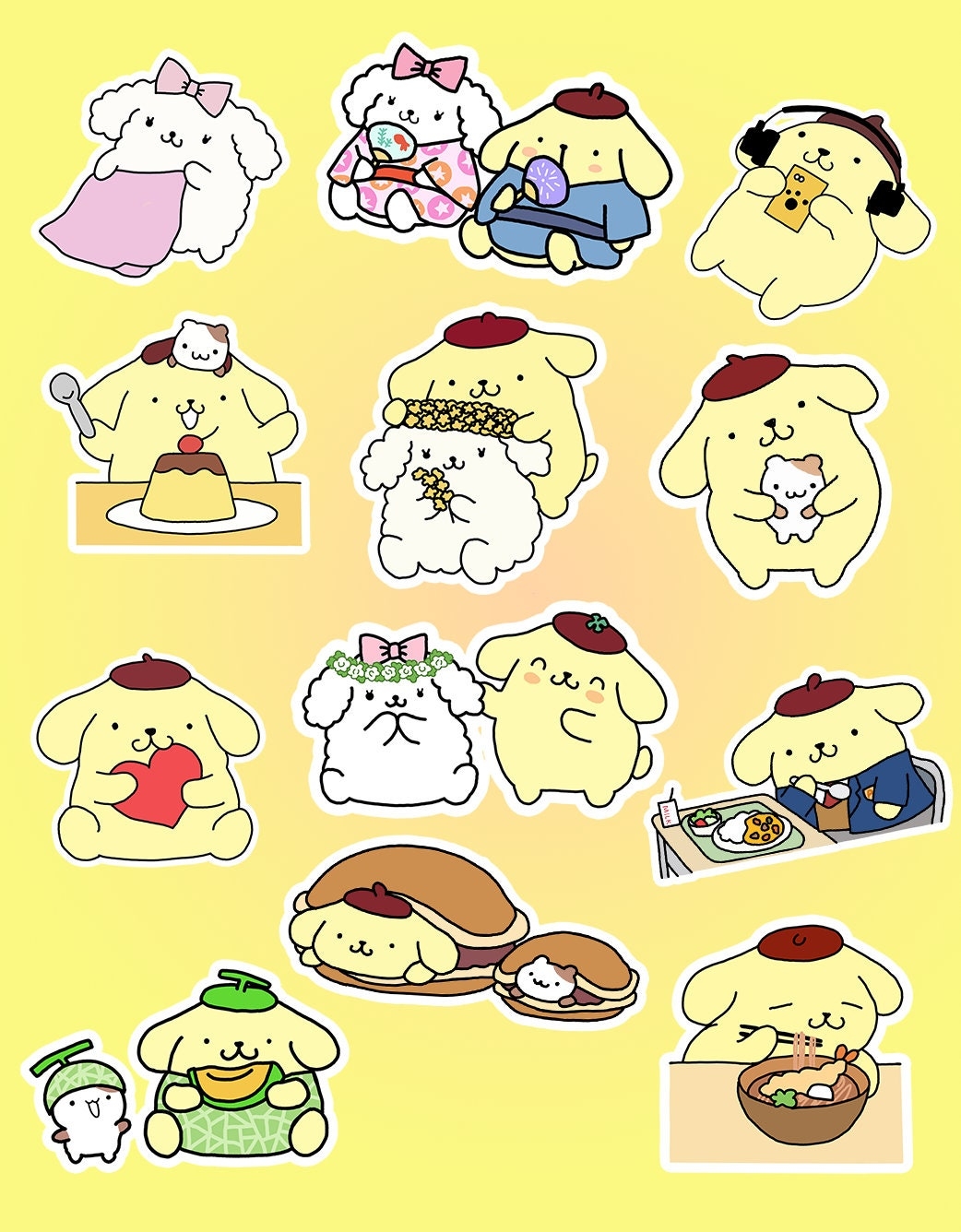 Pompompurin And Macaroon Stickers Pack Of 12 Cute Pompompurin With Girlfriend Macaroon Sanrio Stickers Etsy