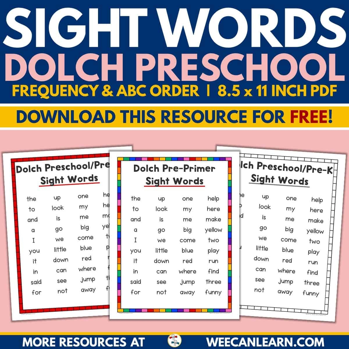 Preschool Pre K Dolch Sight Word List Alphabetical Frequency FREE Download 