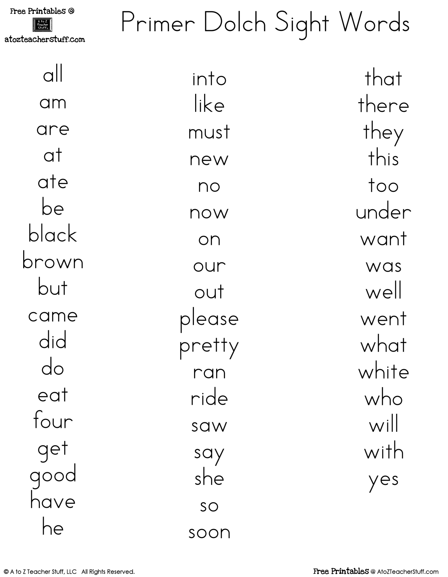 Dolch Sight Words For Kindergarten