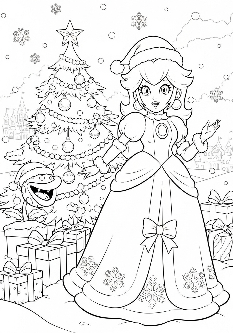 Princess Peach Coloring Page In A Christmas Setting 
