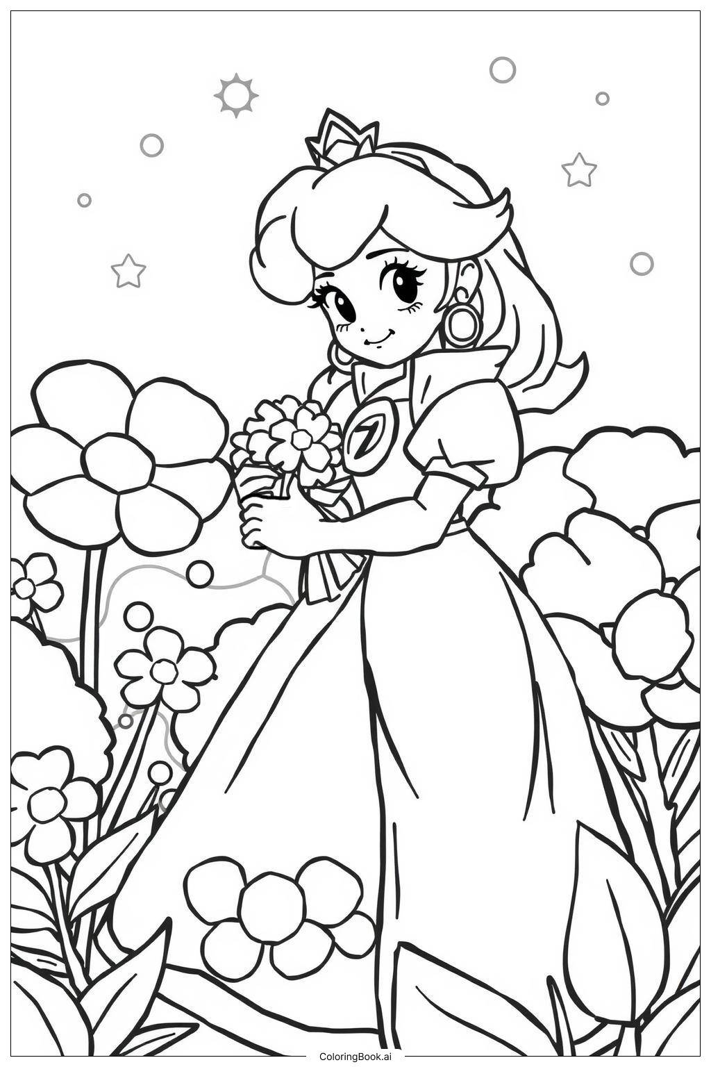 Princess Peach In A Garden Full Of Flowers Coloring Page Free PDF PNG Printable 