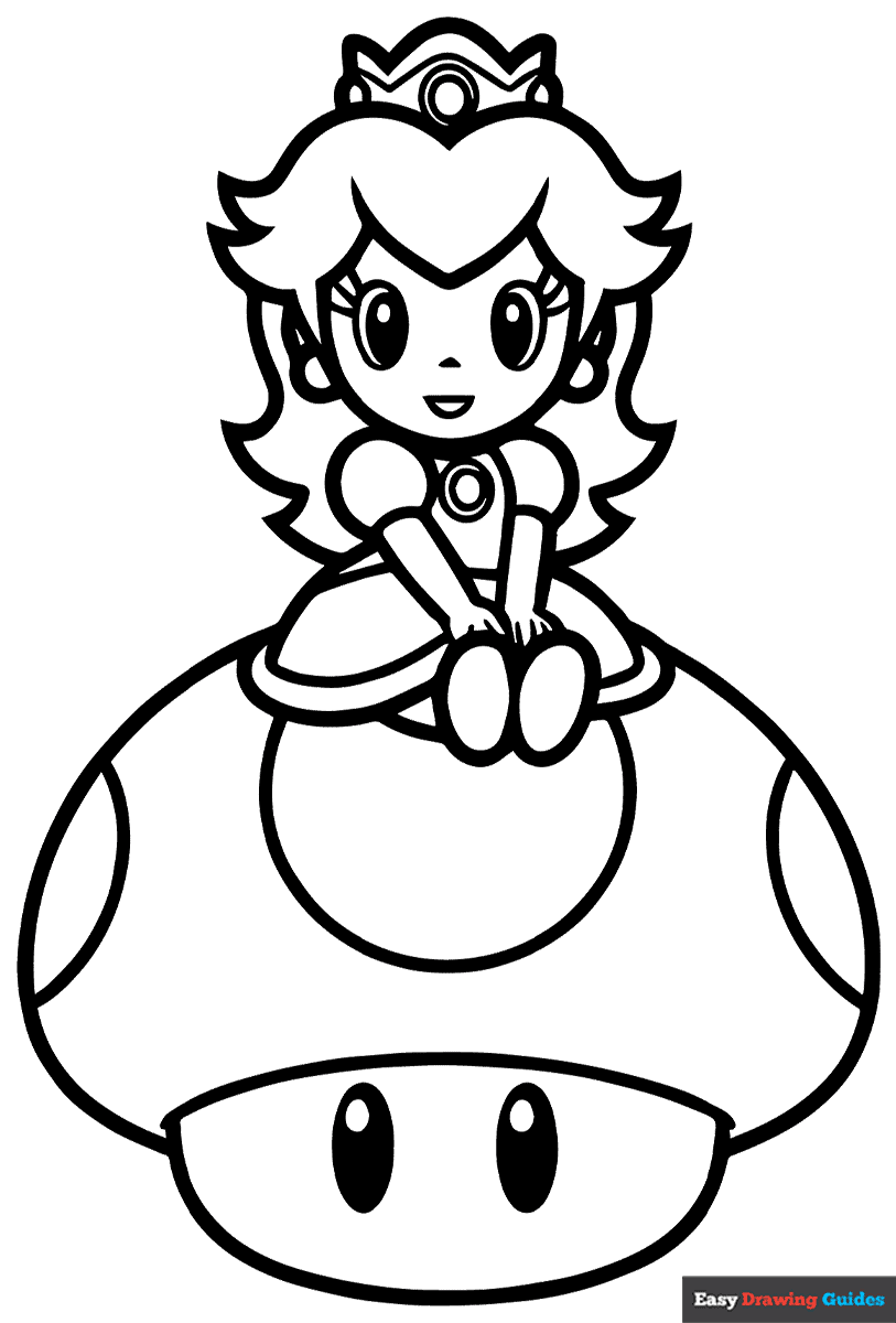 Princess Peach Sitting On Mario Mushroom Coloring Page Easy Drawing Guides