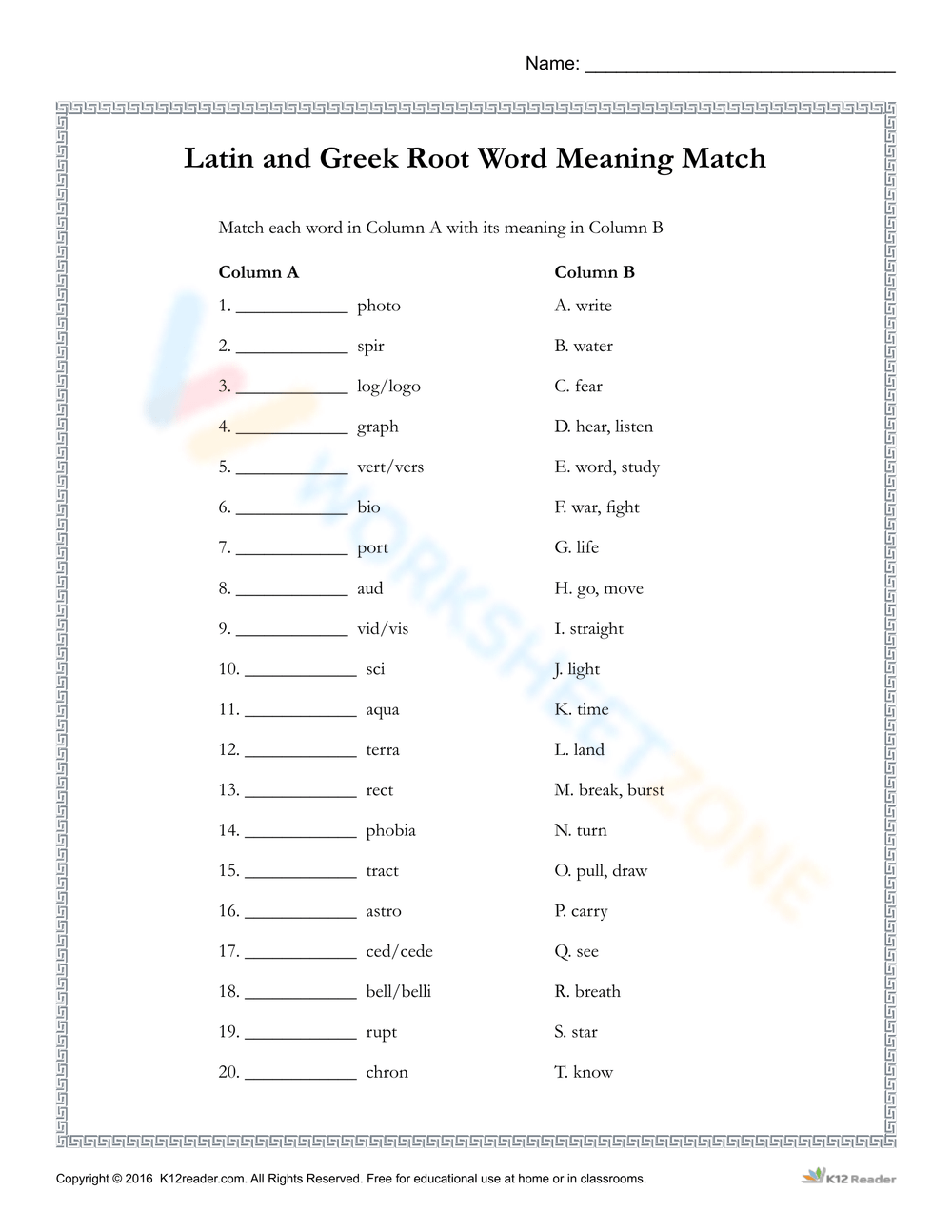 Printable Grade 9 Greek And Latin Roots Worksheets