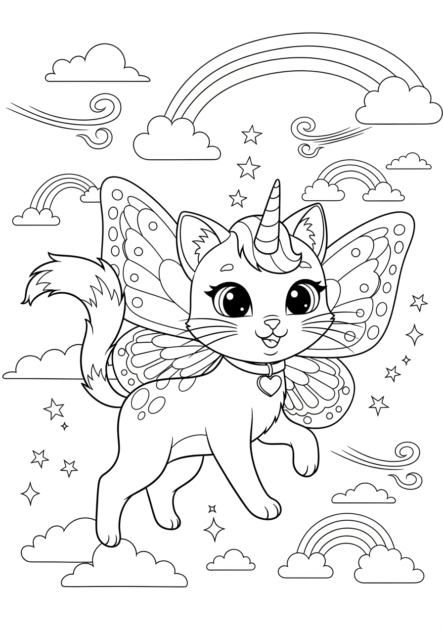 Rainbow Butterfly Unicorn Kitty Coloring Page Download