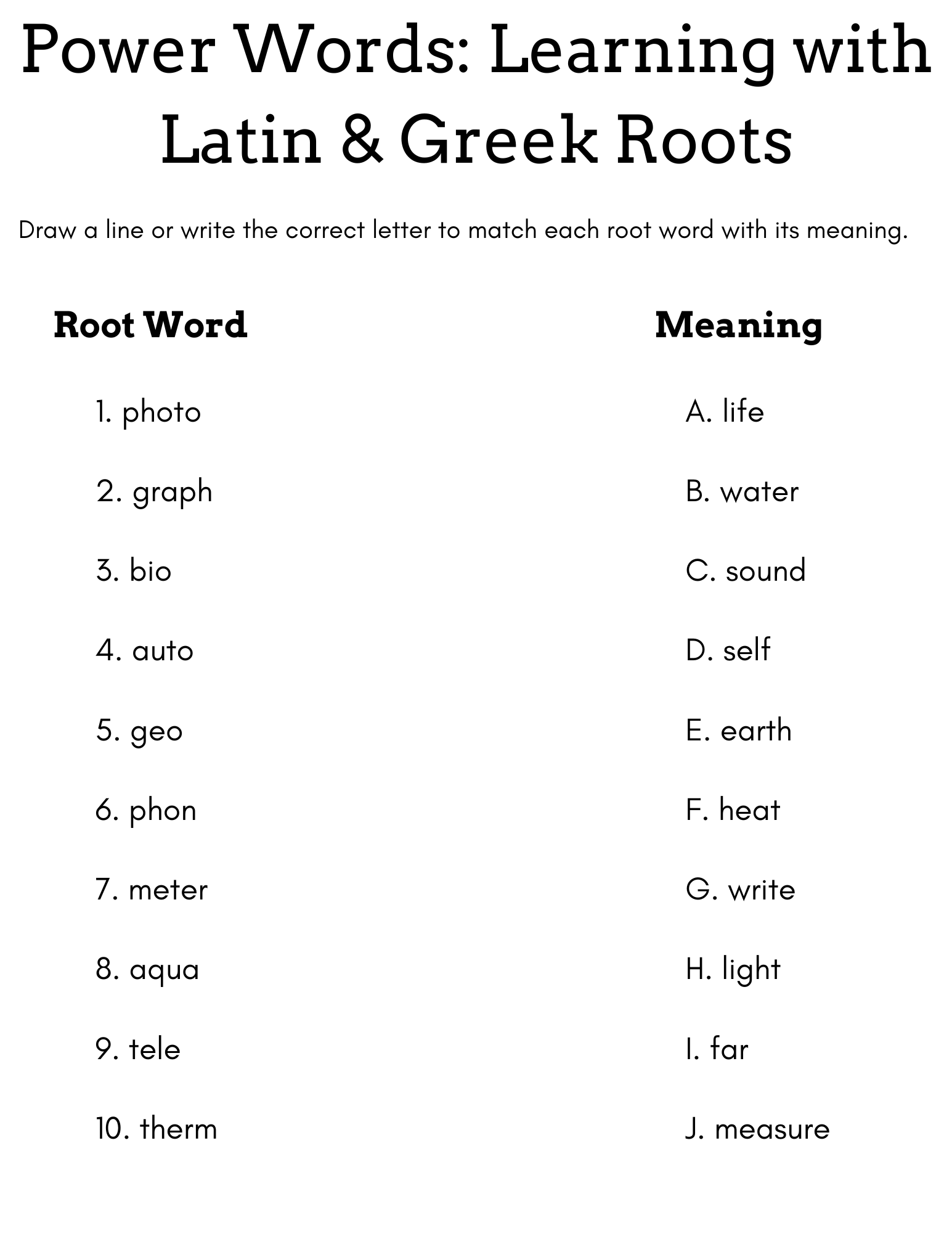 Greek Latin Roots Worksheet