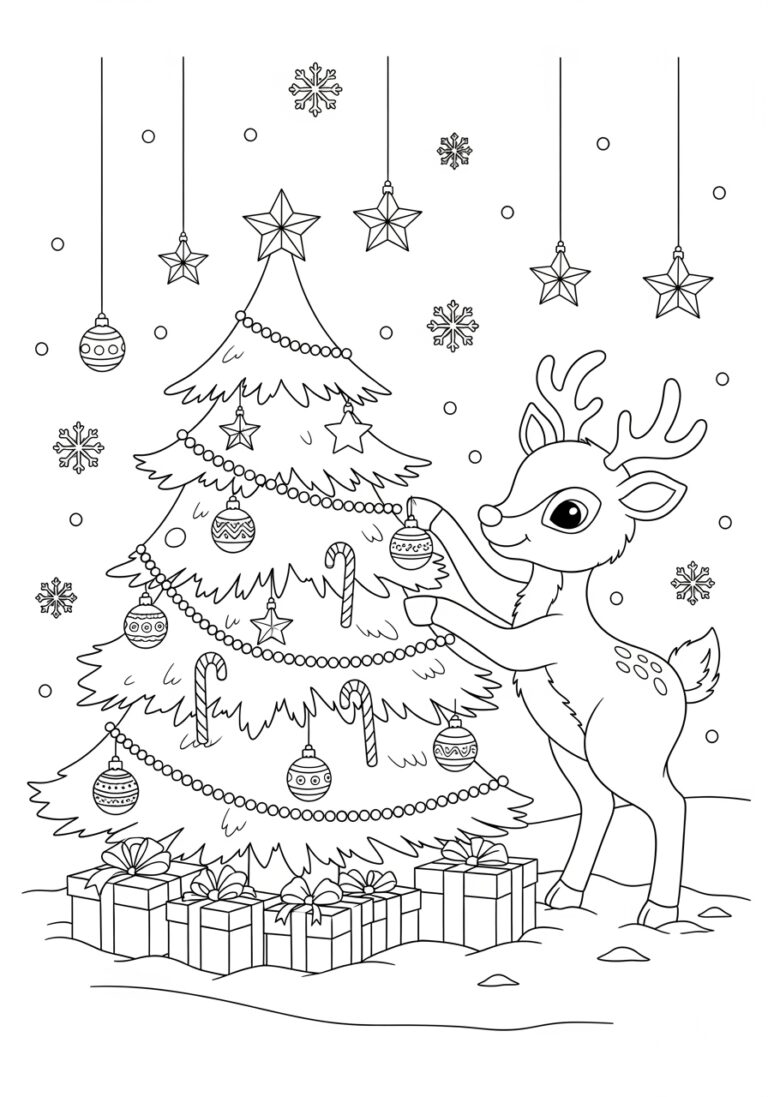 Rudolph Decorating The Christmas Tree Coloring Page