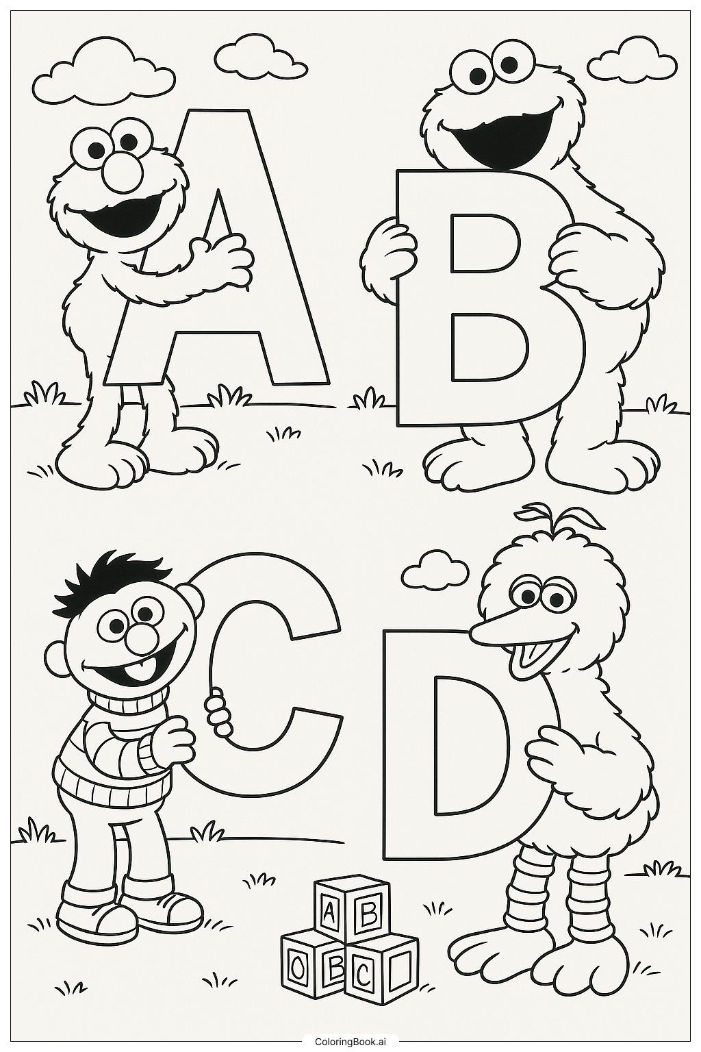 Sesame Street Alphabet Characters Coloring Page Free PDF PNG Printable 