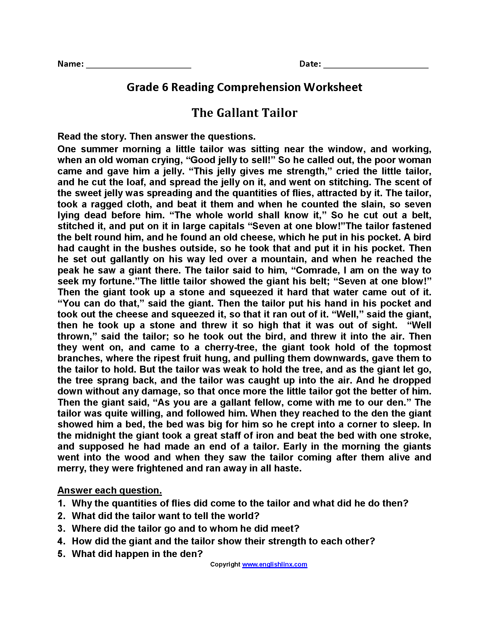 6th Grade Reading Passages