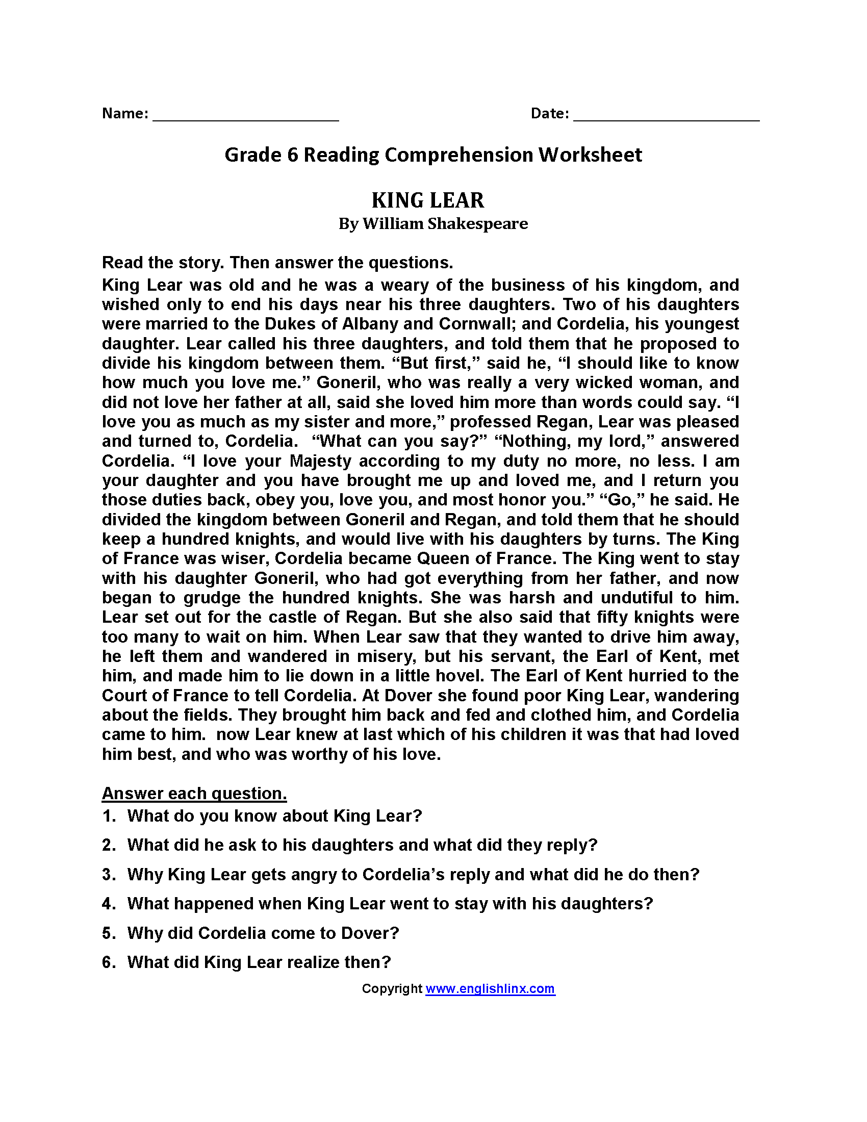 6th Grade Reading Worksheets