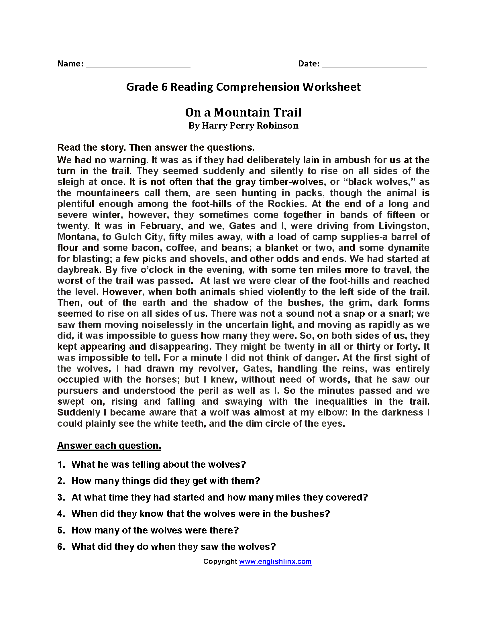 Reading Comprehension Exercises For 6th Graders
