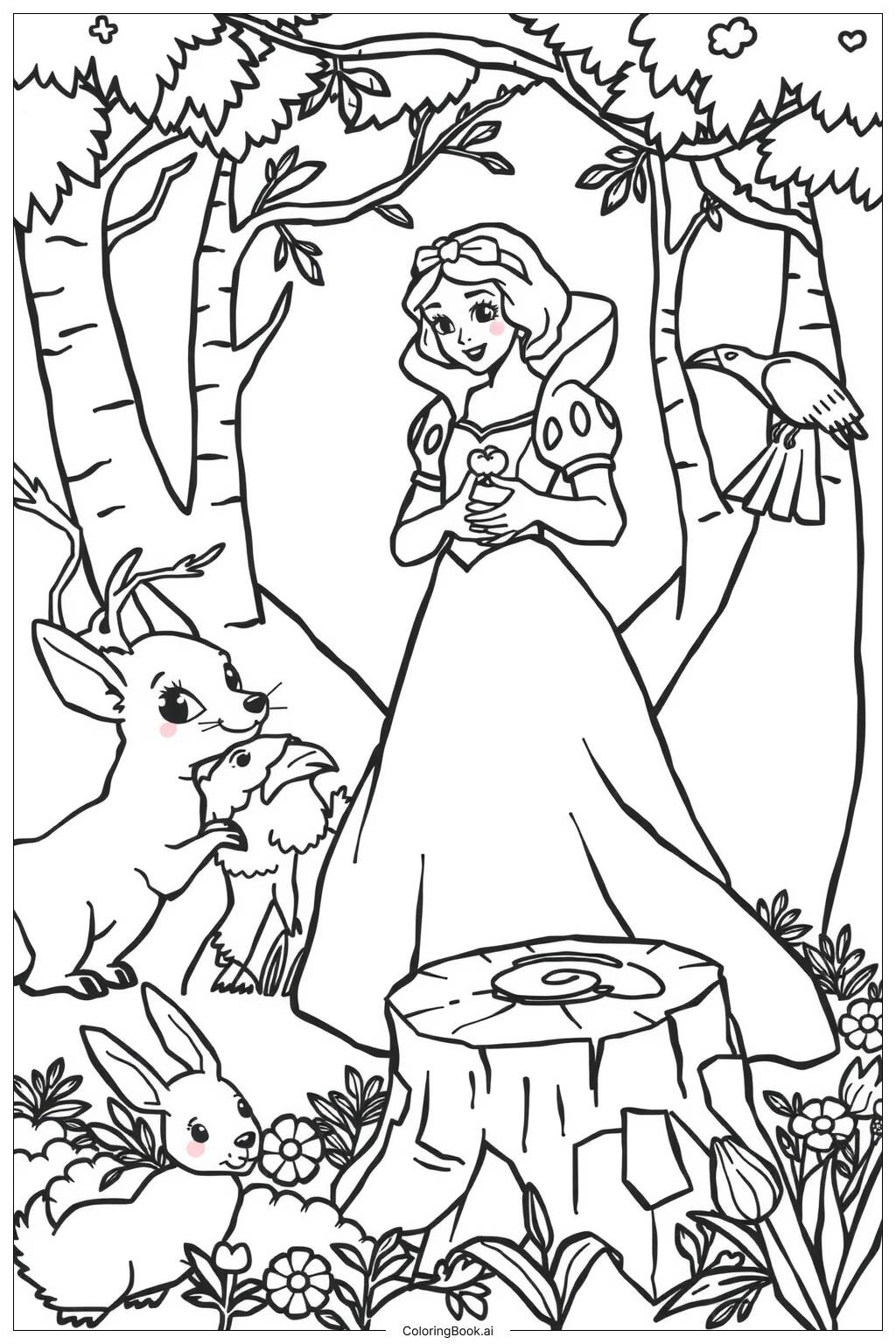 Snow White s Friendship With The Animals Coloring Page Free PDF PNG Printable 