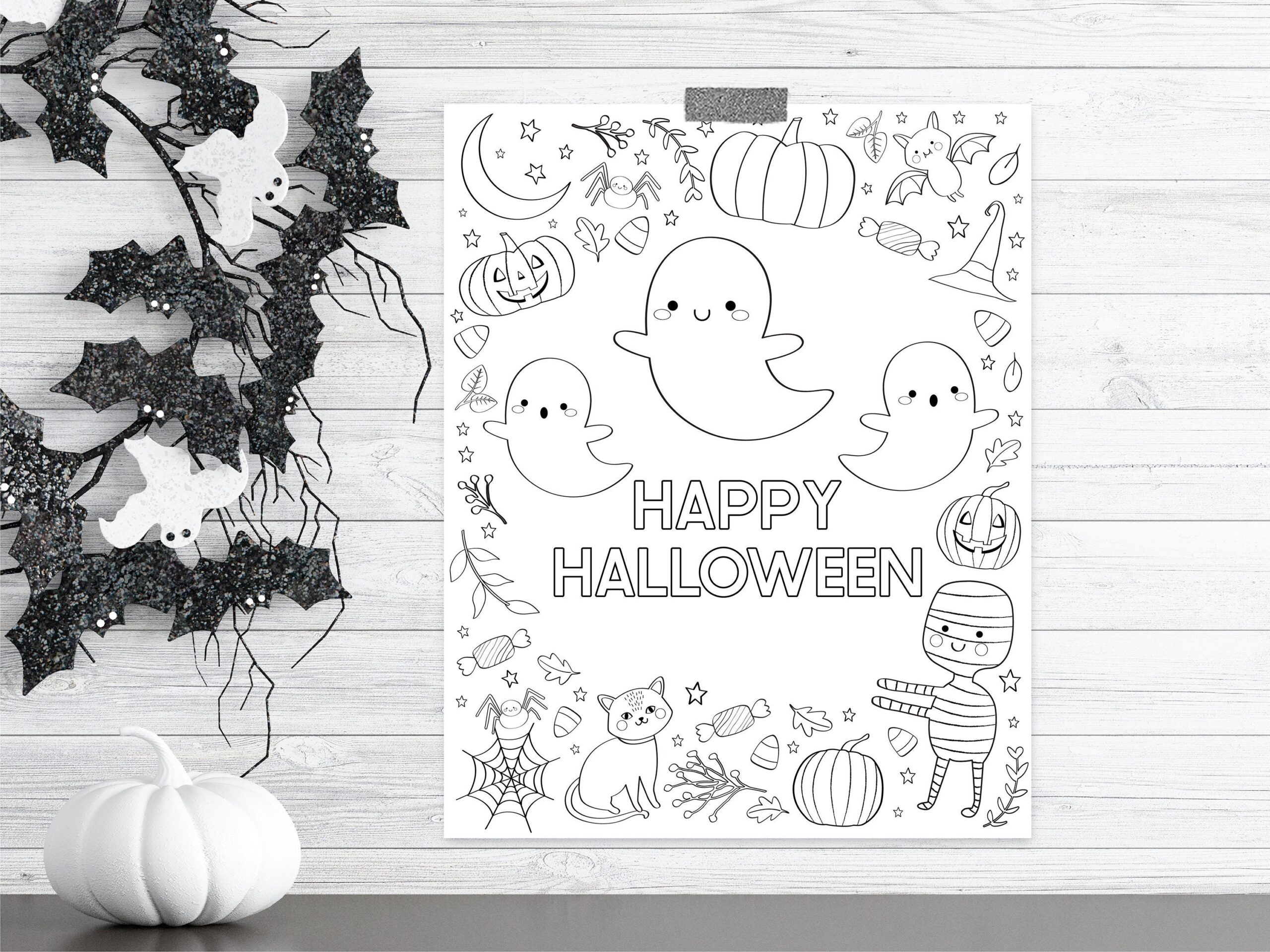 Spooky Cute Halloween Coloring Page Halloween Party Activity Ghost Pumpkin Spider Candy Happy Halloween Printable Coloring Page Download Etsy