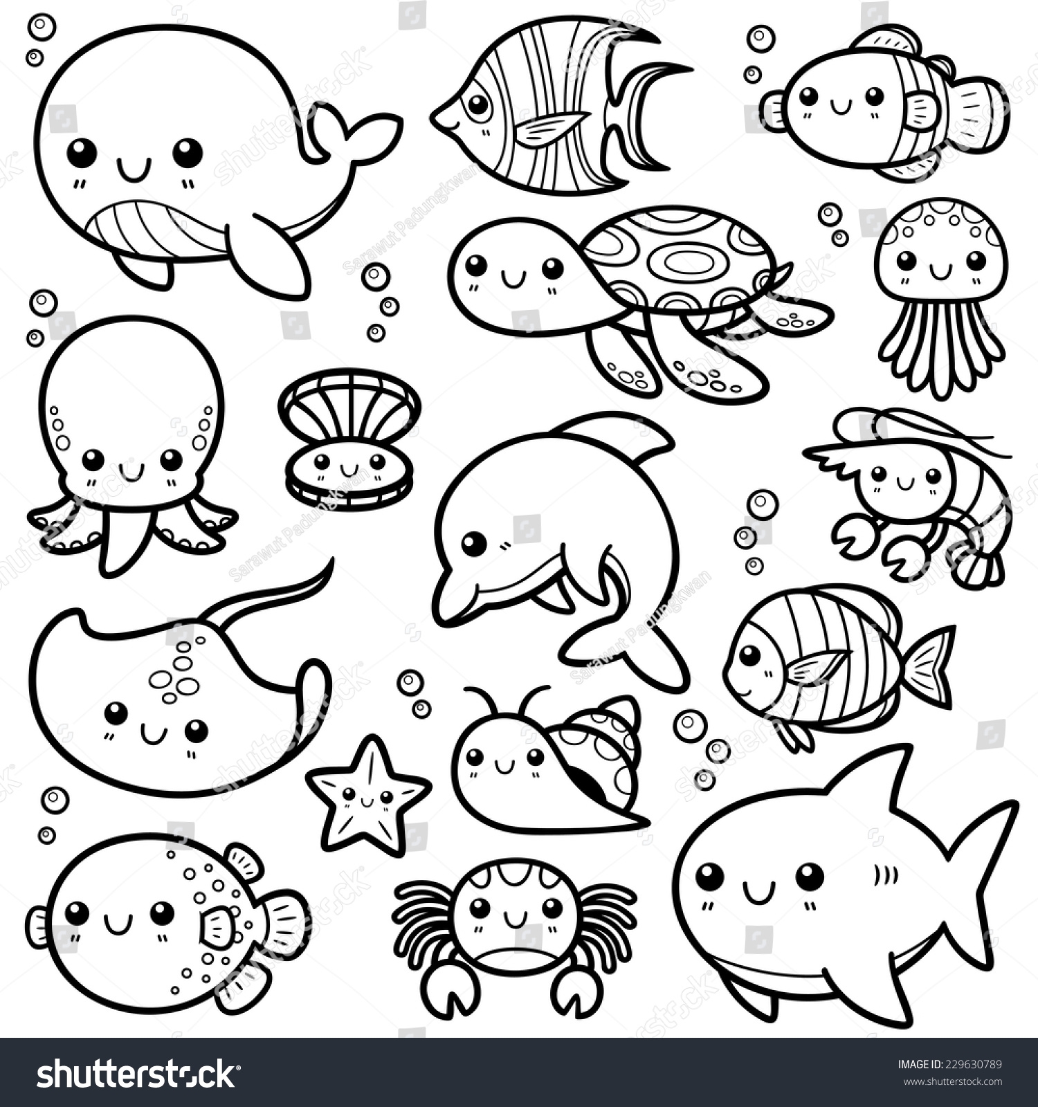 Vector Illustration Sea Animals Cartoon Coloring Stock Vector Royalty Free 229630789 Shutterstock