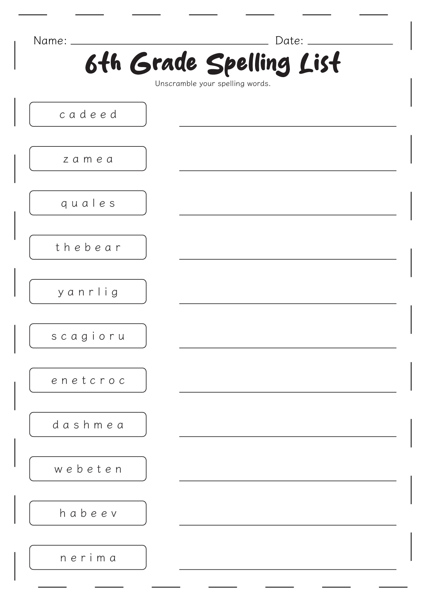 worksheets for 6th graders