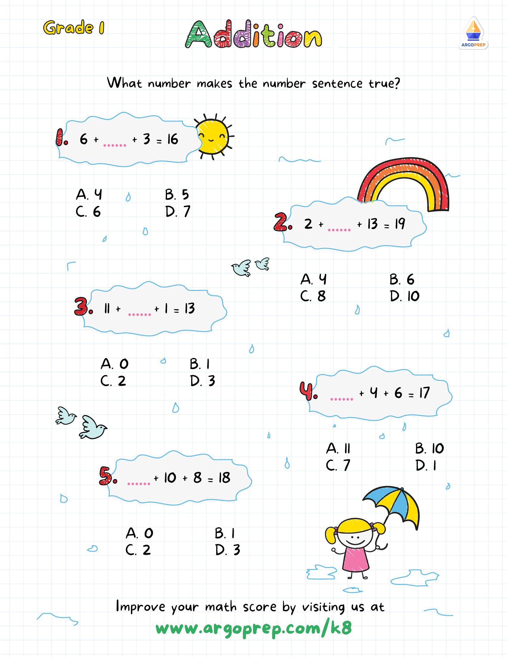 missing addends worksheets grade 1