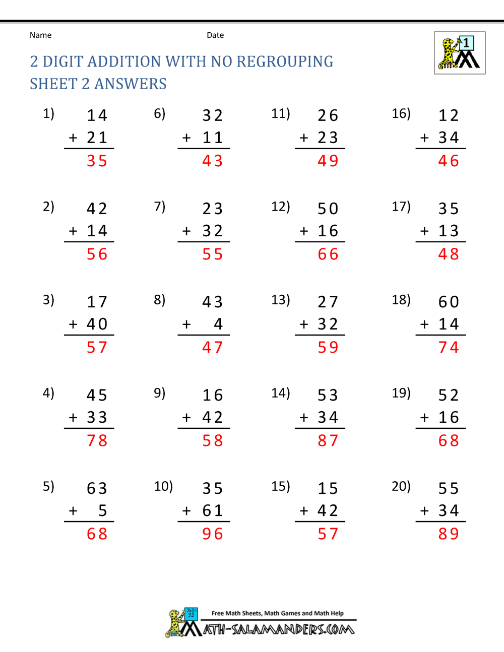 2 Digit Addition Without Regrouping 2 Digit Addition Without Regrouping