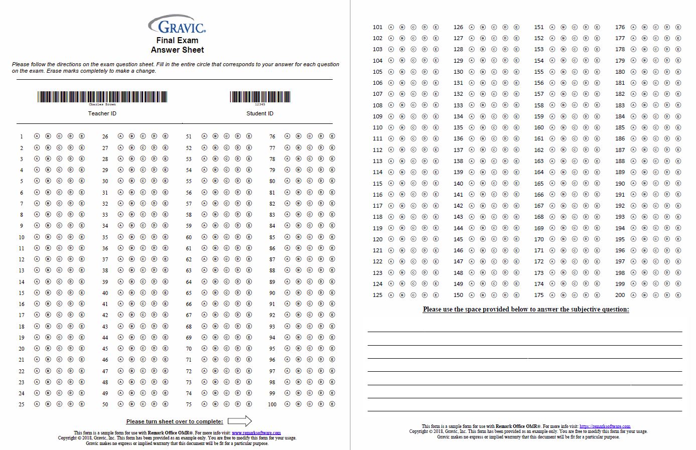 200 Question Test Answer Sheet With Subjective Question Remark Software