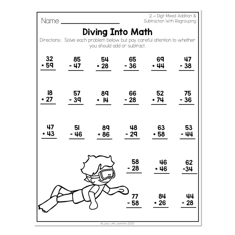 2nd Grade Math Worksheets 2 Digit Mixed Addition And Subtraction With Regrouping Diving Into Math Lucky Little Learners 2nd Grade Math Worksheets 2 Digit Mixed Addition And Subtraction With Regrouping Diving Into Math Lucky Little Learners