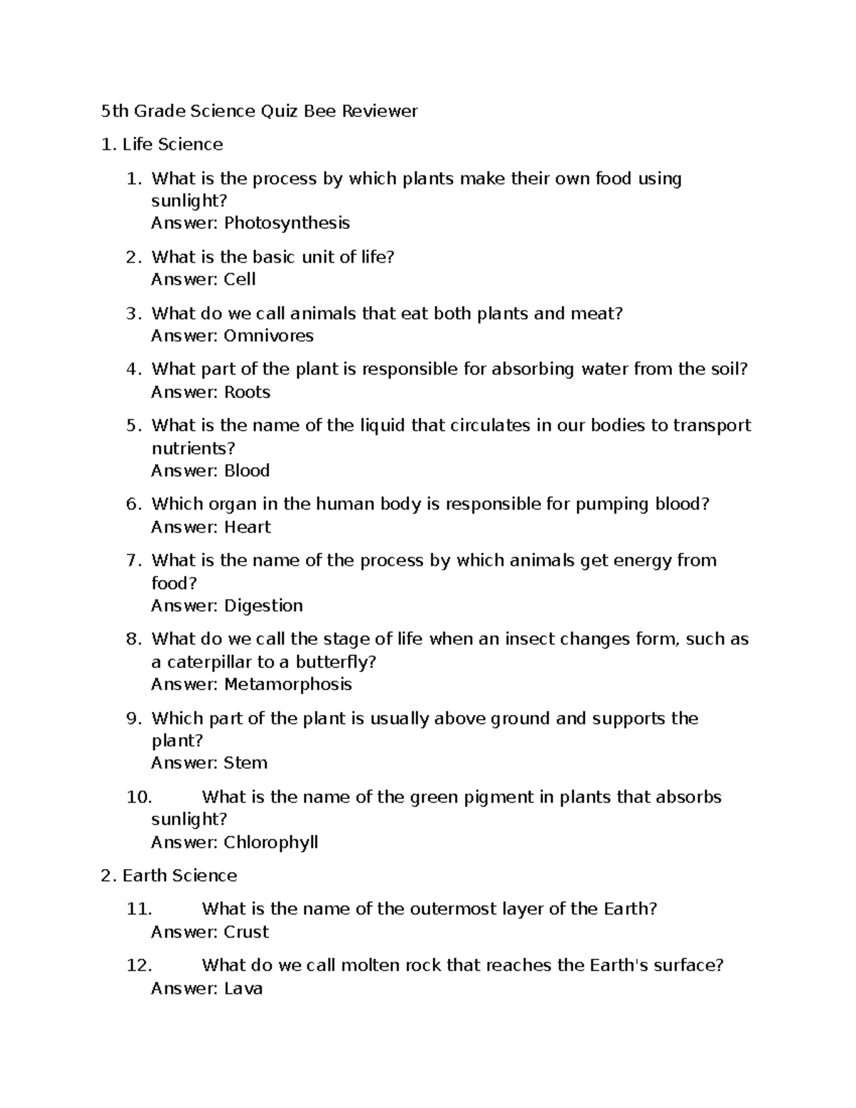 5th grade science questions