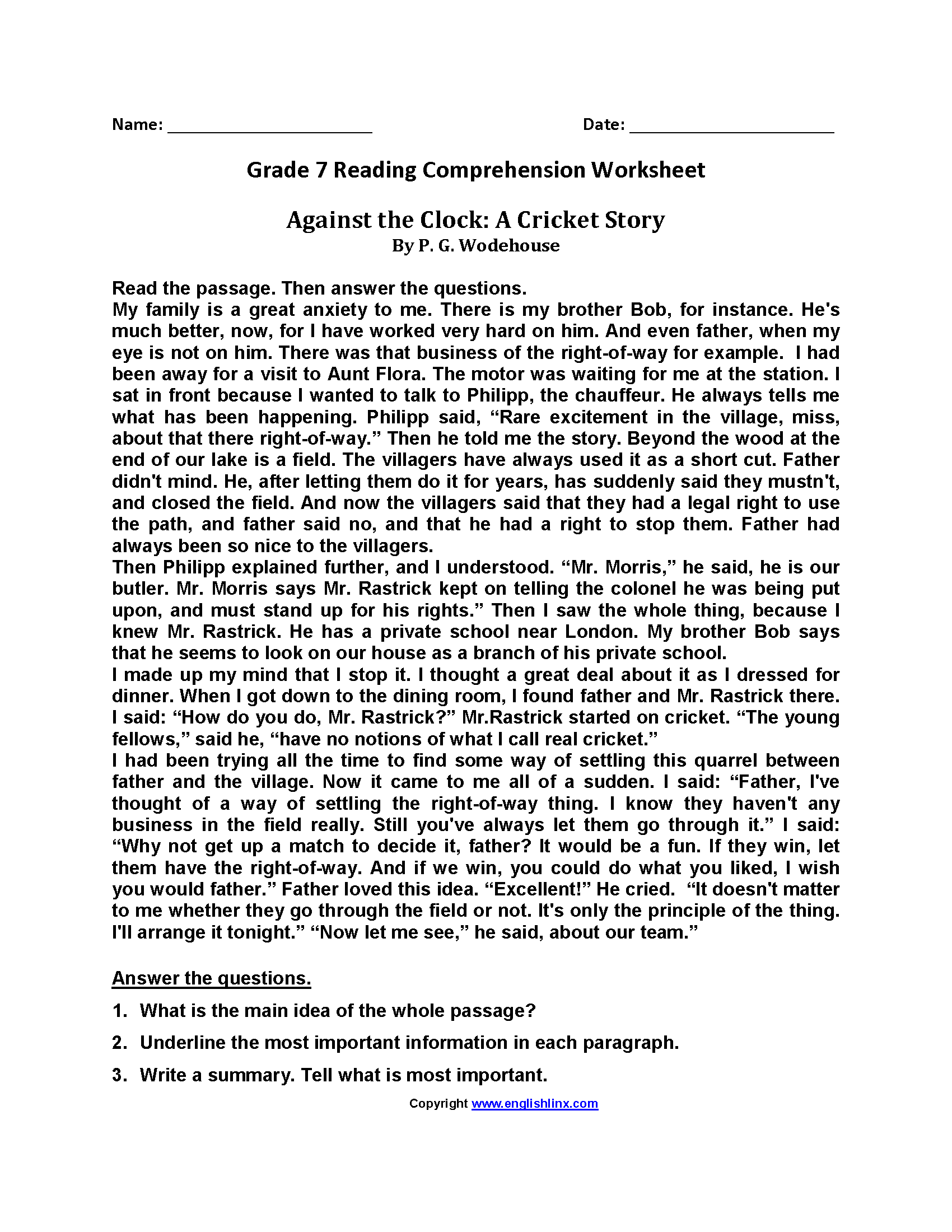 7th Grade Reading Comprehension Worksheets Free PDF 7th Grade Reading Comprehension Worksheets Free PDF