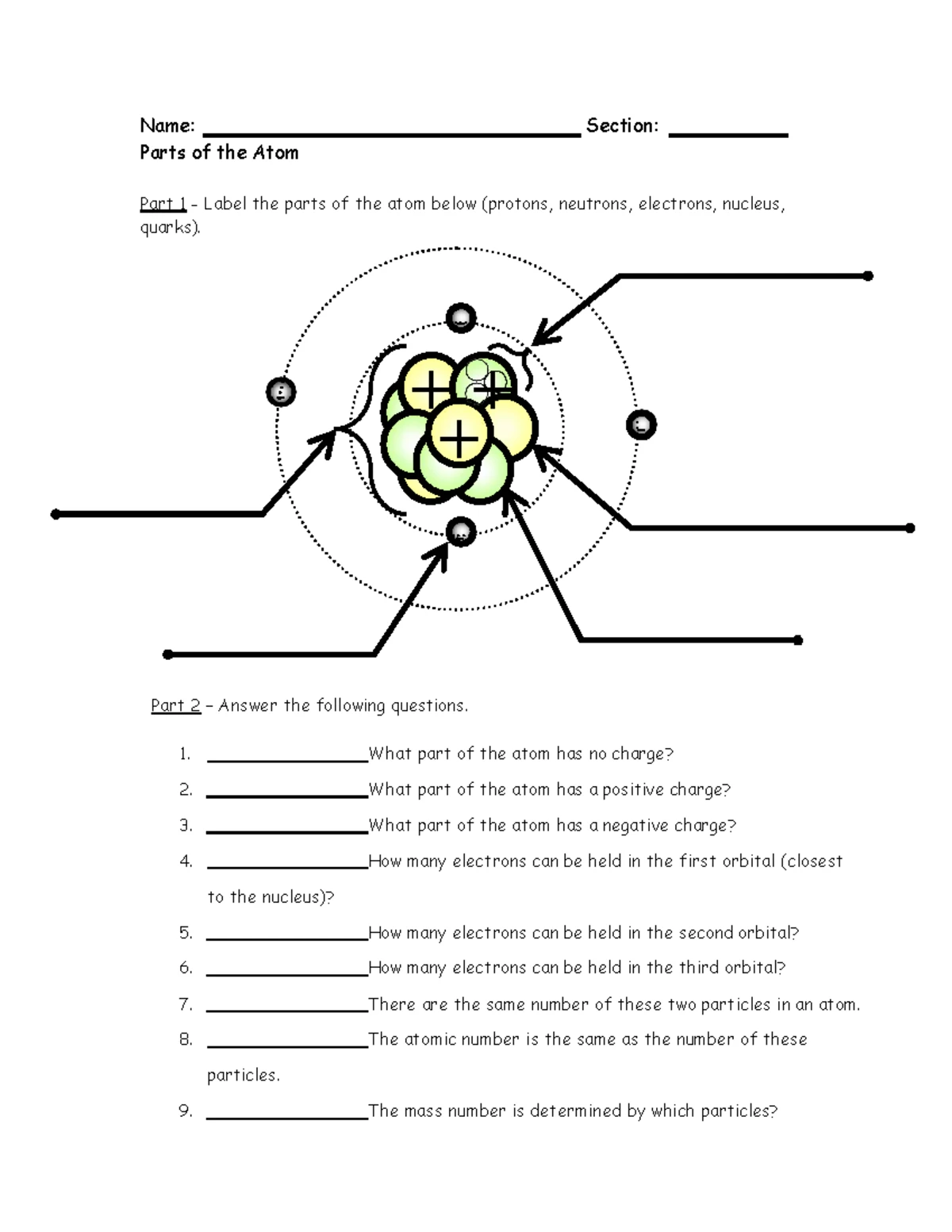 8th grade worksheet on atoms