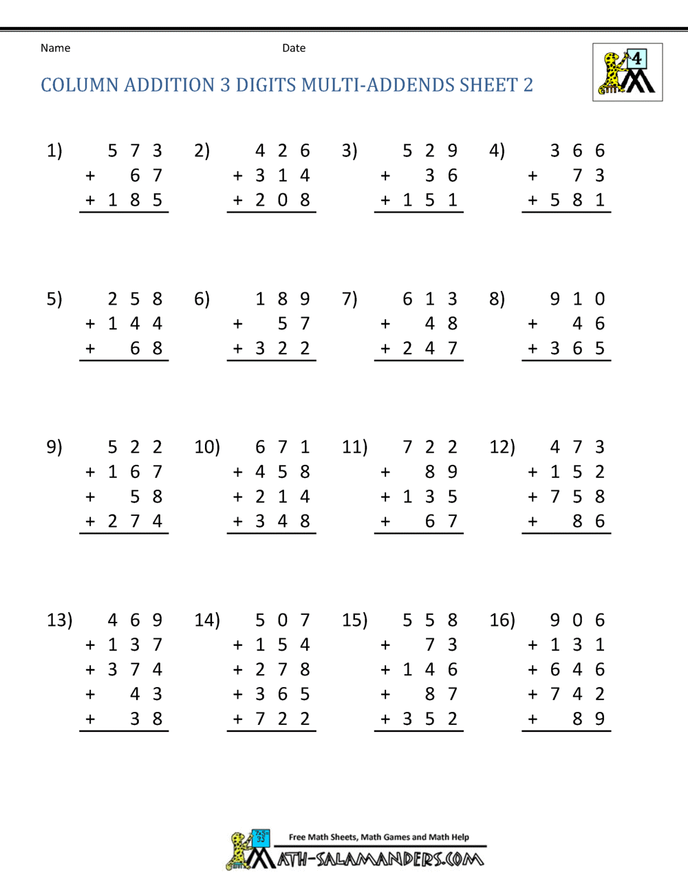 free math addition worksheets