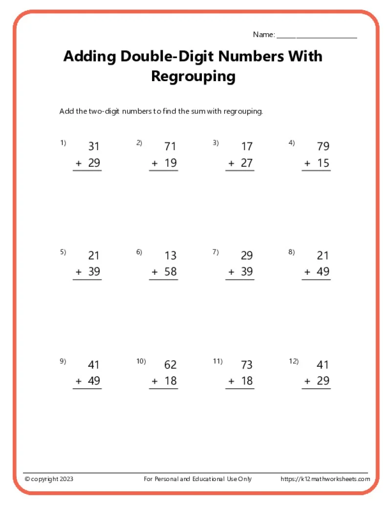 Double Digit Addition With Regrouping Worksheets Double Digit Addition With Regrouping Worksheets