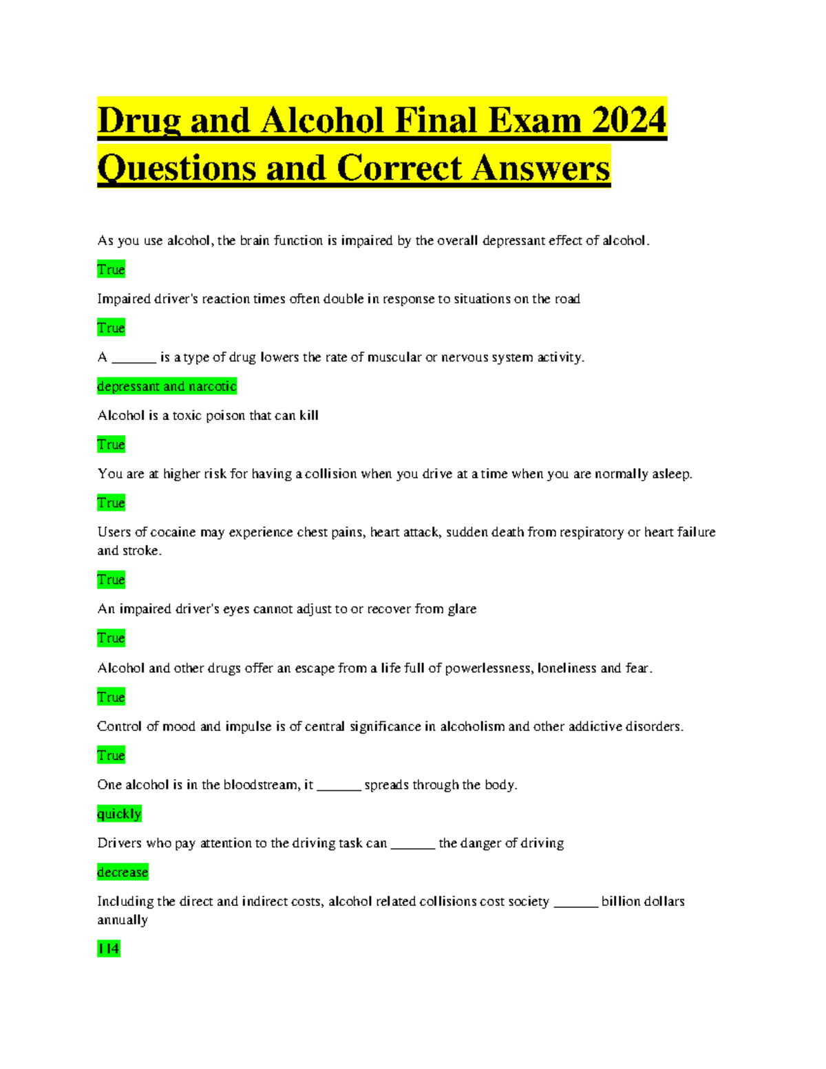 Drug And Alcohol Final Exam 2024 Questions Answers Review Studocu